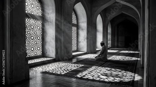 Muslim man praying on carpet inside spacious mosque interior with sunbeams through windows