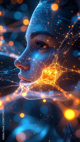 A woman's face with glowing lines and dots