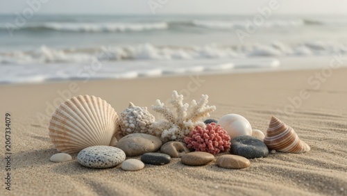Seashells and Pebbles Arranged on Soft Beach Sand