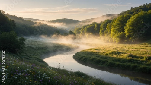 : Calm Winding River Through Lush Summer Valley