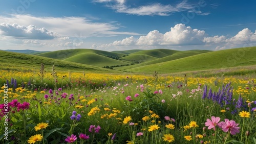 Lush Summer Wildflower Meadow with Rolling Hills Under Blue Sky