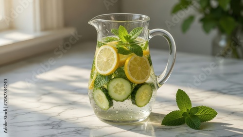 Tall Glass Pitcher of Cucumber Lemon Mint Infused Water with Condensation