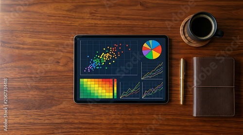 Professional data analytics on tablet screen, financial charts and business dashboard on wooden desk, digital marketing strategy workspace