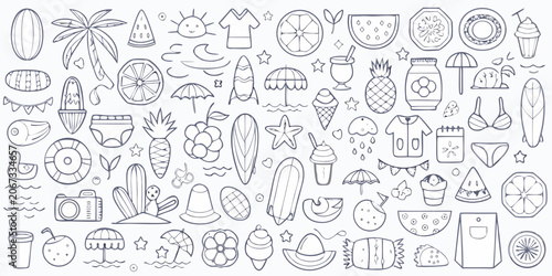 Foto Summer Vacation Line Art Collection With Beach And Tropical Elements