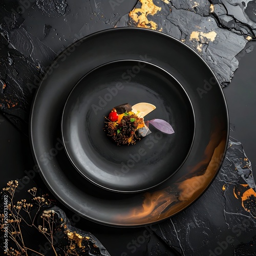 A black plate with food on a dark marble surface