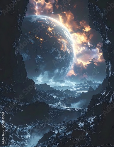 A celestial body looms through a rugged, cosmic tunnel