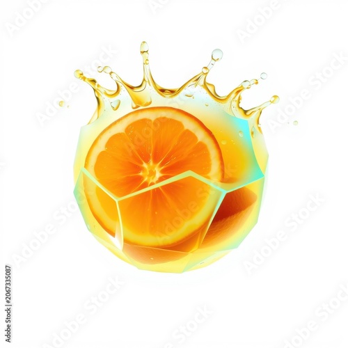 Bright orange slices inside polygonal shape. Liquid splash surrounds fruit, creating dynamic visual effect. Vibrant colors, fresh presentation.