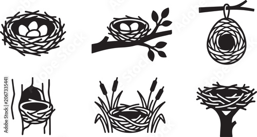 Tableau sur toile Set of black bird nest icons with eggs and twigs in different natural locations