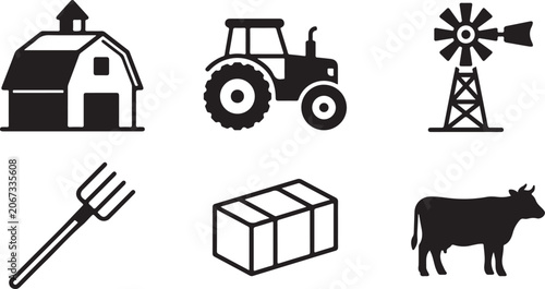 Bild auf Leinwand Set of simple black farm icons featuring a barn tractor windmill pitchfork hay b