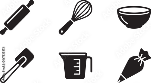 Tableau sur toile Set of black kitchen baking icons including rolling pin whisk mixing bowl spatul