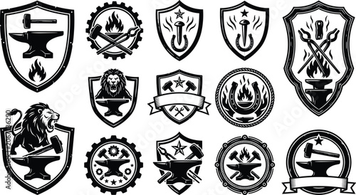 Konstfotografi Blacksmith Forge Vector Set with Anvil Horseshoe Hammer Fire and Metalworking He