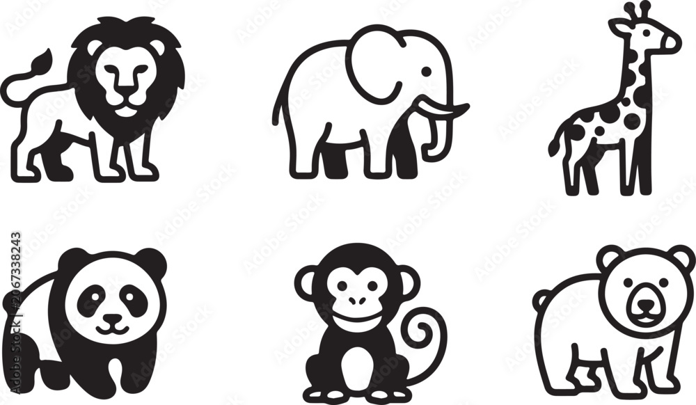 Fototapeta premium Set of cute wild animal icons including lion elephant giraffe panda monkey and bear in a simple black line art style Vector