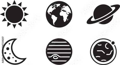 Canvas Print Set of black space icons featuring the sun earth planet with rings moon and cele