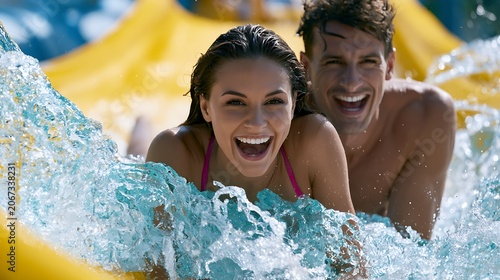 Happy Young Couple Having Fun on Water Slide at Aquapark