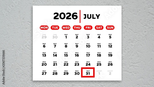 Red cursor highlighting July 31st on a 2026 wall calendar page