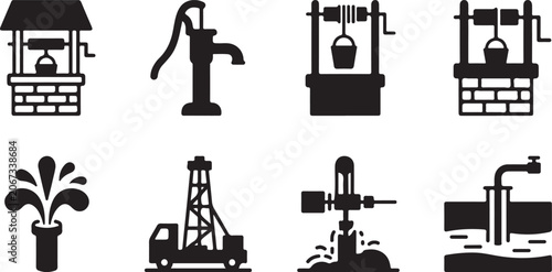 Tableau sur toile Set of black icons showing water wells pumps and oil extraction equipment for in