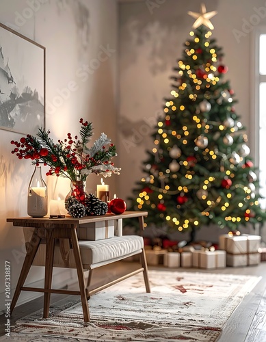 A cozy room with a decorated Christmas tree and presents
