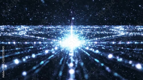 Abstract blue digital particles grid in dark cyber space