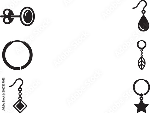 Vászonkép Set of black earrings icons featuring various jewelry styles like hoop studs and