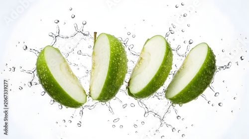 Green apple slices flying in mid air with water splash on white background