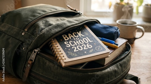 Green canvas backpack on wooden desk with back to school notebook