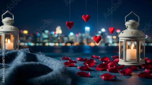 Romantic cityscape at night with lanterns and heart decorations for Valentine's Day or anniversary celebration with beautiful bokeh