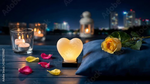 Romantic cityscape evening setup with heart shaped lamp rose petals and candlelight on wooden table for valentines day or anniversary