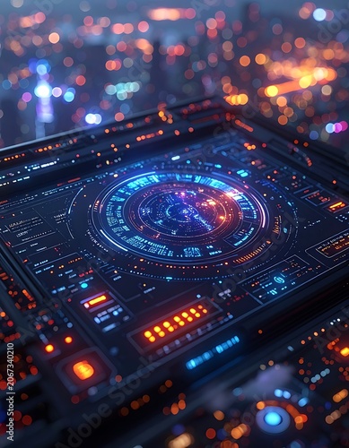 A futuristic circuit board with vibrant blue and orange lights (1)