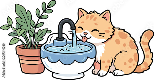 Cute Tabby Cat Drinking From Pet Water Fountain Vector Illustration Featuring a Happy Kitten and Potted Houseplant for Domestic Animal Care Designs