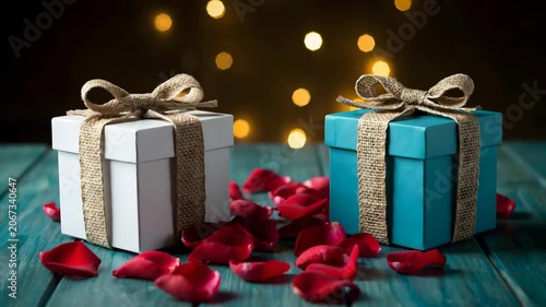 Wrapped gifts wrapped gifts boxes with ribbons and rose petals on wooden table for birthday or valentines day on blurred bokeh background with copyspace for advertising on Adobe stock and shutterstock