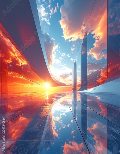 A futuristic cityscape at sunset with vibrant orange and blue hues