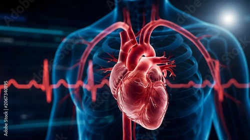Human heart with ECG background, Cardiovascular health concept, Medical technology and anatomy, Heart rate and rhythm, Cardiac care and wellness, Healthcare and medicine