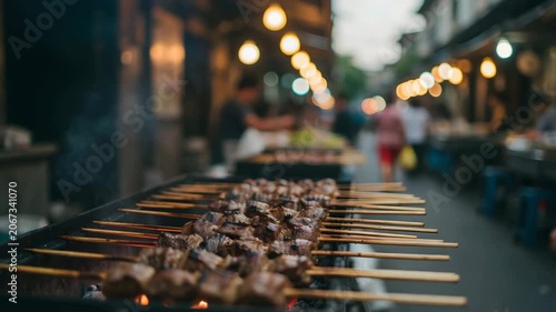 Street Food Street Food Market Meat Skewers Grilled on Outdoor BBQ at Nighttime in Busy Asian City with Blurred People Walking People Walking in Background Light Background with Bokeh Lights