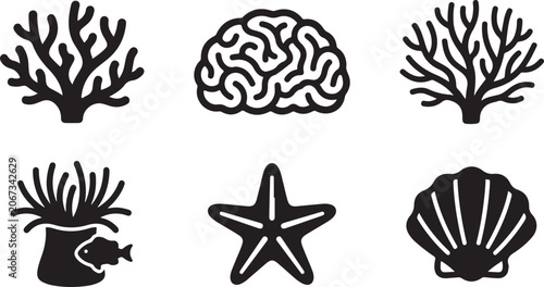 Bild auf Leinwand Set of black sea life and ocean icons featuring coral brain coral anemone starfi