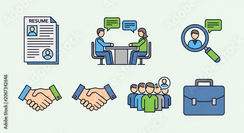 Job Interview and Recruitment Process Icons Set.