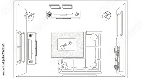 Living room interior design sketch with furniture and entertainment system.