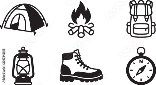 Set of black camping and hiking icons including a tent campfire backpack lantern boot and a compass for travel adventures Vector