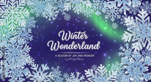 Magical Winter Wonderland with Aurora Borealis and Snowflakes.