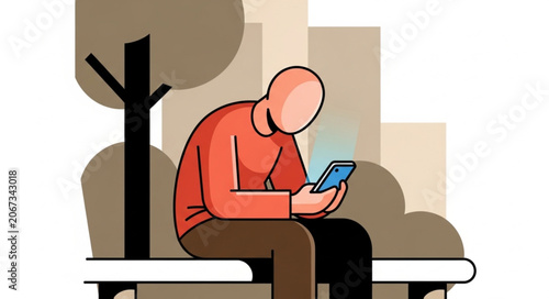 Man Sitting on Park Bench Using Mobile Phone Illustration.