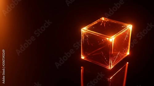 Transparent cube illuminated with orange light on black reflective surface