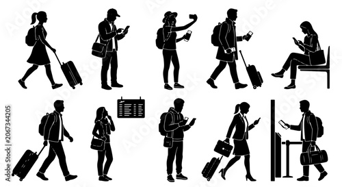 Foto Airport traveler silhouettes set, 10 passenger vector icons with luggage, touris