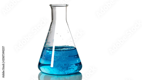 Glass laboratory flask filled with bright blue liquid chemical fluid isolated on transparent background cut out