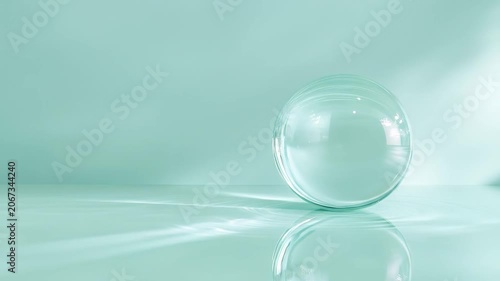 Transparent sphere on light green surface with reflection and shadows
