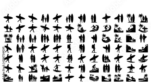 Photography Surfing silhouettes collection, 84 black surfer icons and surfboard symbols, sum