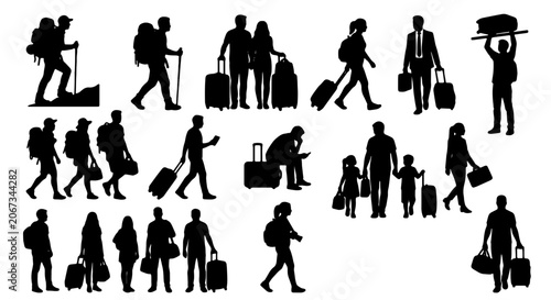 Foto Traveler silhouettes set with 18 people icons, tourists with luggage and suitcas