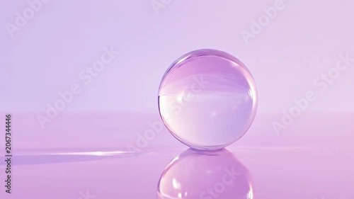 Transparent sphere reflected on a smooth surface against gradient background