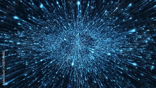 Abstract blue particle burst on dark background.