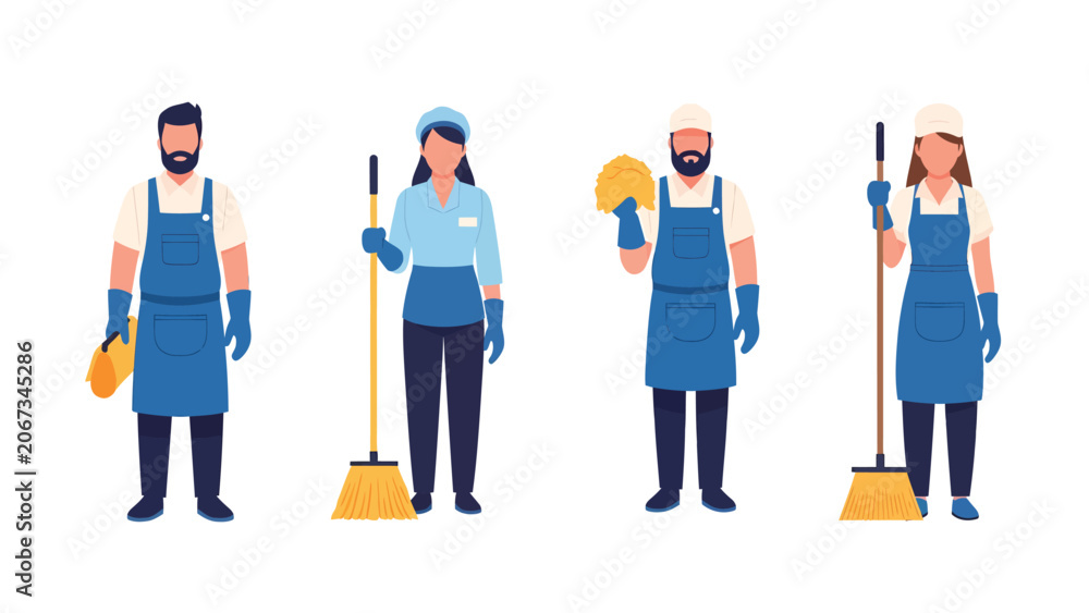 Fototapeta premium Set of male and female cleaners wearing uniforms and holding cleaning tools, illustrating professional cleaning service staff.