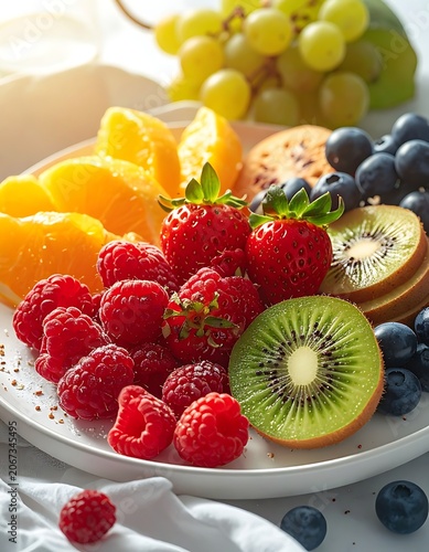 A vibrant plate of assorted fresh fruits on a white tablecloth