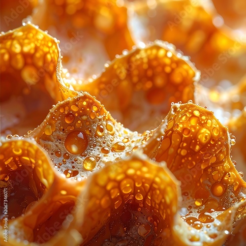 Close-up of wet, orange, bubbly, crispy food